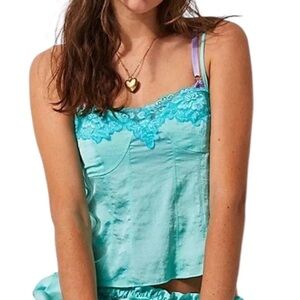 Free People Intimately Elegant Teal Lace Trim Cami Top